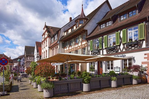 Outdoor area of the Pfeffermühle restaurant in Gengenbach, Black Forest, Ortenaukreis,