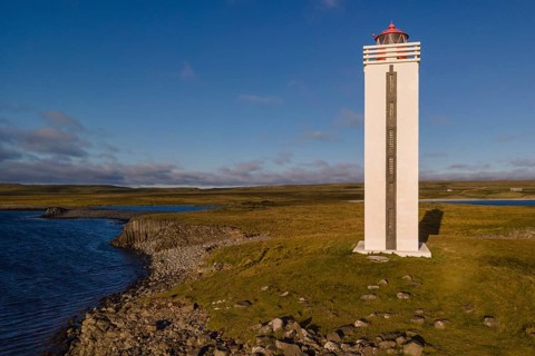 Drone image, aerial view, lighthouse, Kálfshamarsvík, Skagi peninsula, Iceland