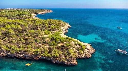 Breathtaking aerial view highlighting mallorca's coastline, where lush green vegetation meets the