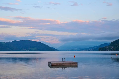 Lake, bathing raft, sky, clouds, twilight, sunrise, summer, Lake Millstatt, Döbriach, Carinthia,