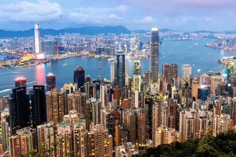 Hong Kong skyline with skyscrapers city centre downtown in the evening in Hong Kong, China