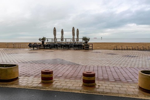 Winter break, closed terraces of catering establishments on Zeedijk-Knokke, beach promenade in