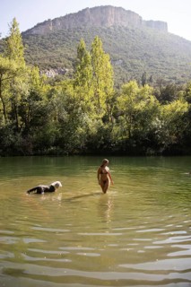 A woman wading into a tranquil lake with her dog on a sunny summer day, surrounded by lush greenery