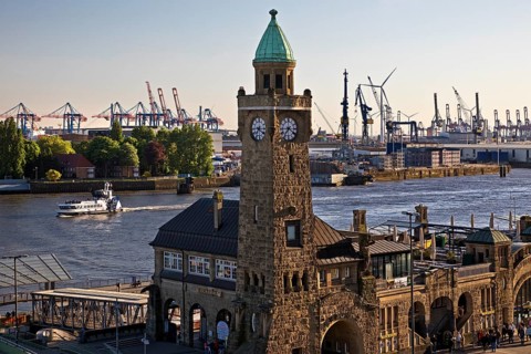 Elevated view of the St. Pauli landing stages with a view of Hamburg harbour, St. Pauli, Hamburg,