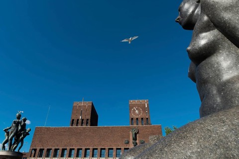 Sculptures of Gustav Vineland in front of City Hall, Oslo, Norway