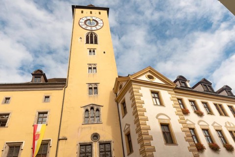 Regensburg, Germany. October 7th 2024 Regensburg clock tower and beautiful medieval architecture of