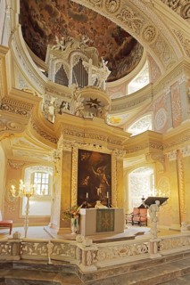 Magnificent baroque St. Trinity church, organ, ceiling fresco, decorations, paintings, handicrafts,