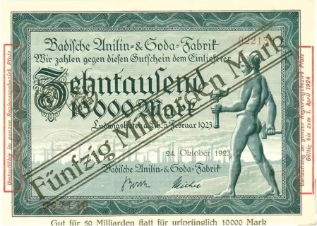 Emergency money, 1923, 50 billion marks, inflation, overprint on a voucher for 10, 000 marks from