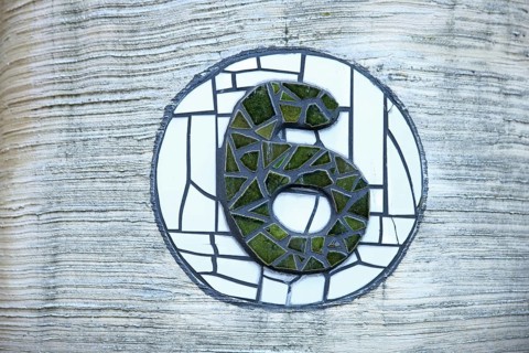 House number 6 at the Waldspirale Hundertwasserhaus, six, number, digit, green, mosaic, tiles,