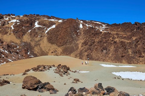 Barren, dry landscape with strips of sand and rocks under blue sky, Teide, Parque Nacional del