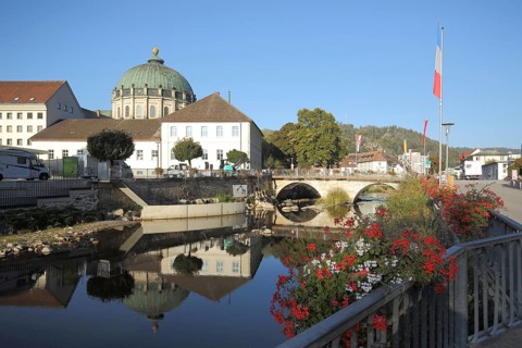 Cityscape with cathedral and reflection in Bach Alb, St. Blasien, Southern Black Forest, Black