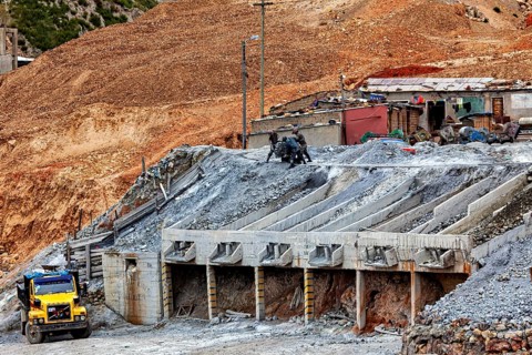 Mining landscape with raw material sorting plant and a truck in the background, The silver mines of