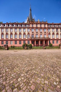 Erbach Castle, cobblestone square, blue sky, market square, Erbach, Odenwald, Odenwaldkreis, Hesse,