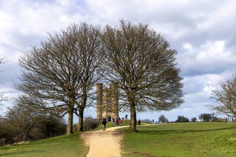 Winter trees, tower, people, Broadway Tower, Broadway, The Cotswolds, England, Great Britain