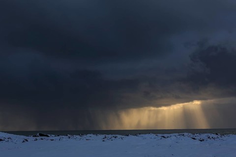 Cloudy mood and snowstorm over the sea, snow, winter, Snaefellsnes, Vesturland, Iceland