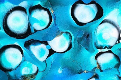 A captivating abstract artwork showcasing blue bubbles in fluid form, blending vibrant turquoise