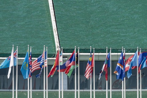Many flags in front of the United Nations Conference Centre, Bangkok, Thailand