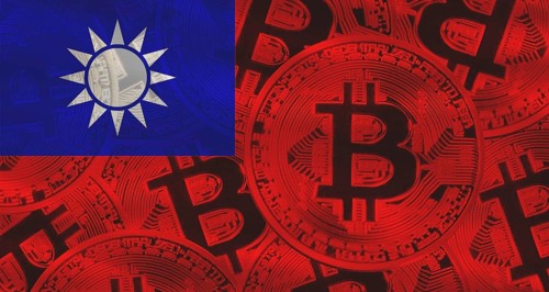 Taiwan flag with Bitcoins in the background. Investors in cryptocurrency and Blockchain Technology