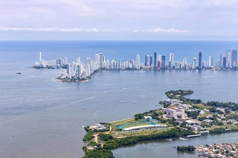 Cartagena skyline with skyscrapers in the Caribbean by the sea Aerial view from above in Cartagena,