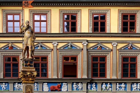 The statue Romans in front of the Haus zum Roten Ochsen, a very beautiful Renaissance building,