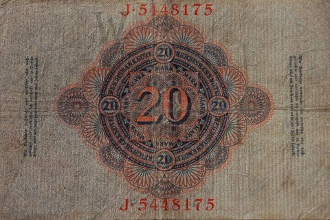 Banknote, banknote, 20 Mark, 1914, Berlin, Germany, reproduction of a historical banknote