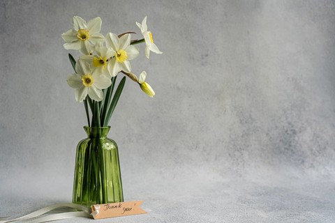 Beautiful arrangement of white daffodils in a vibrant green glass vase, complemented by a delicate