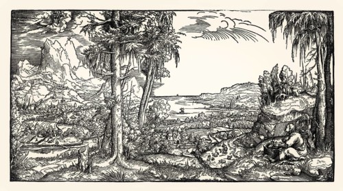 Landscape with the Evangelist John and Mary with the Christ Child, German woodcut, anonymous, 16th
