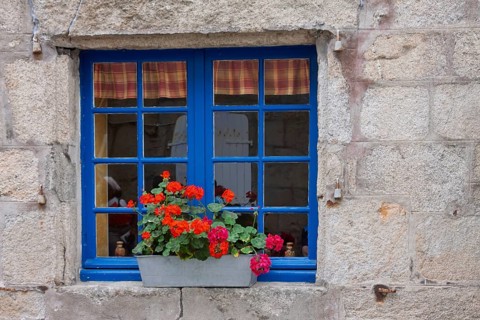 Mullioned window with blue window frames and floral decorations, Roscoff, Brittany, France
