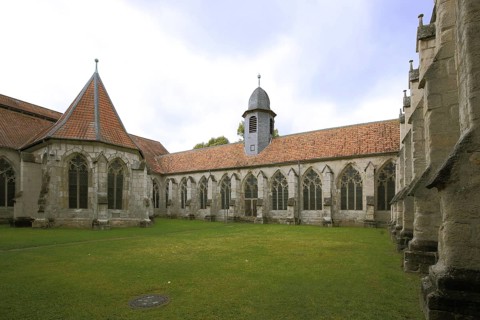 Courtyard with cloister of the Gothic UNESCO monastery, Turmhelm, Walkenried, Harz, Lower Saxony,