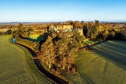 Berkeley Castle from a drone, Berkeley, Cotswolds, Gloucestershire, England, United Kingdom