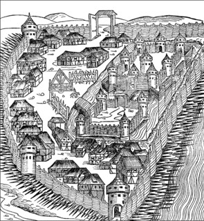 The beginning of a medieval city, Europe, Historische Zeichnung, Anfänge einer befestigten