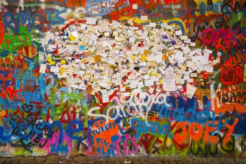 Graffiti, notes with wishes and requests, John Lennon Wall, Grossprior Square, Prague, Czech