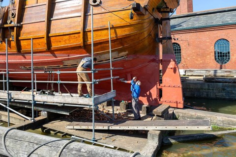 The Matthew of Bristol replica ship being repaired on the Patent Slip, Underfall Yard, Bristol,