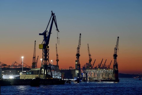 Hamburg harbour, blue hour, Hafencity, Hamburg, Germany