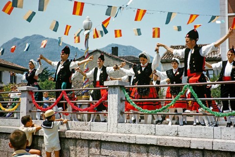 Traditional Asturian folk dance group from Gijon performing in a village, Asturias, northern Spain