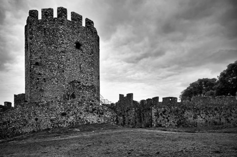 Main tower with defence walls, Castle of Platamonas, Platamon Castle, black and white, Platamonas,