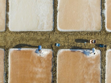 Harvesting salt at the saline ponds near Chiclana de la Frontera. The orange-red colour depends on