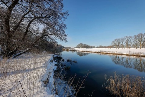 Dorsten, North Rhine-Westphalia, Germany - Sunny winter landscape in the Ruhr area, ice and snow on