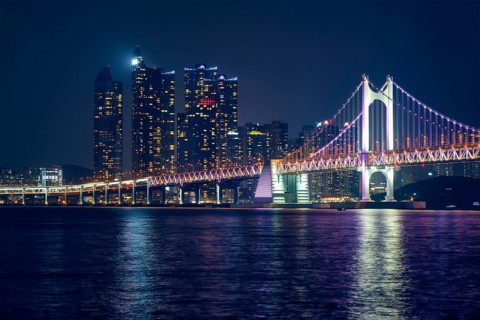 Gwangan Bridge and skyscrapers illuminated in the night. Busan, South Korea