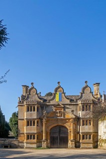 Entrance portal, Ukrainian flag, Stanway House, Stanway, The Cotswolds, England, Great Britain