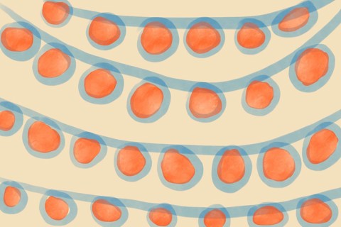 Organic pattern with hand-drawn orange circles and blue outlines on a beige background. The design