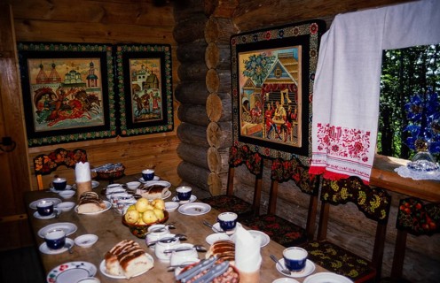 Interior view of a tea house in the Dagomys tea plantation, Sochi, Russia 1997