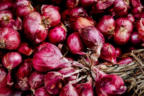 A vibrant pile of fresh red onions, vivid in color, neatly tied in bunches, displayed in a bustling
