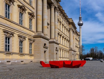 Red plastic seating elements, Humboldt Forum, Berlin, Germany