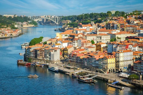 Aerial view of Porto city and Douro river from famous tourist viewpoint Miradouro da Serra do Pilar