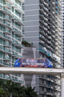 Miami Metromover People Mover train in the Brickell district of Miami, USA