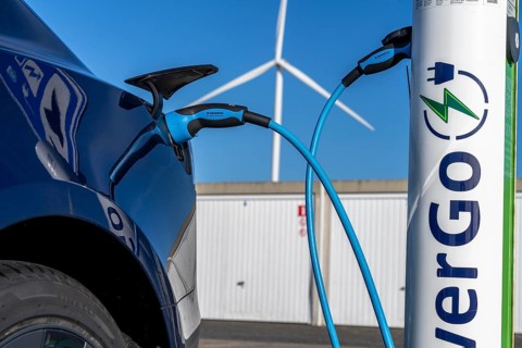 Electric car fast charging station, from the Dutch provider PowerGo, in the ferry harbour of