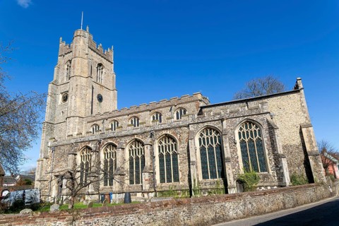 Perpendicular architecture of medieval parish church of All Saints, Sudbury, Suffolk, England, UK