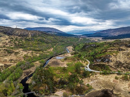 Callop River and Marshes from a drone, Loch Shiel, Glenfinnan, West Highland, Scotland, United