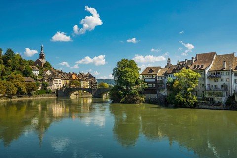 Village view with Rhine, Laufenburg, High Rhine, Black Forest, Baden-Württemberg, Germany